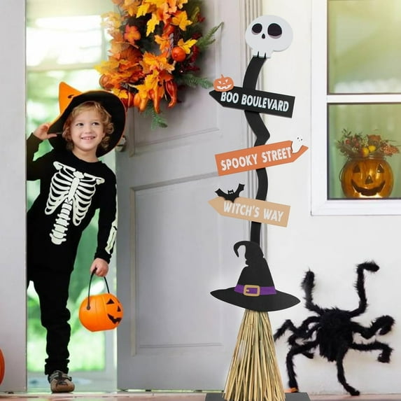 Wooden Halloween Decor Set - Glowing Witch Broom & Pumpkin Ghost Porch Sign With 50 Led Lights, Spooky Festive Outdoor & Indoor Decoration For Halloween Party Home Decor