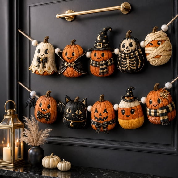 Wooden Halloween Garland: Beaded Pumpkin Characters, Rustic Autumn Mantel Decor