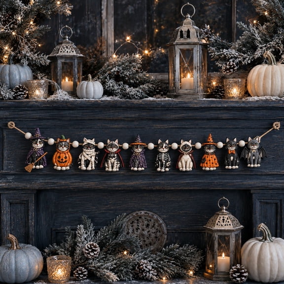 Wooden Halloween Garland, Cat Witch Pumpkin Mummy Bat Skeleton Mantel Decor