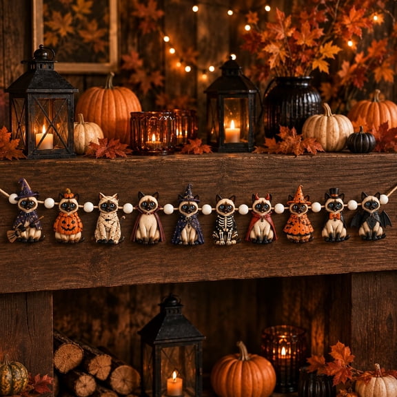 Wooden Halloween Garland, Siamese Cat Witch Pumpkin Mummy Bat Decor for Mantel and Party