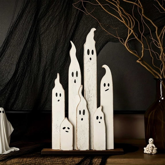 Wooden Halloween Ghost Decor Set Freestanding White Ghost Figurines For Farmhouse Shelf Tray Table Display Rural Home Party Decor 1 Count