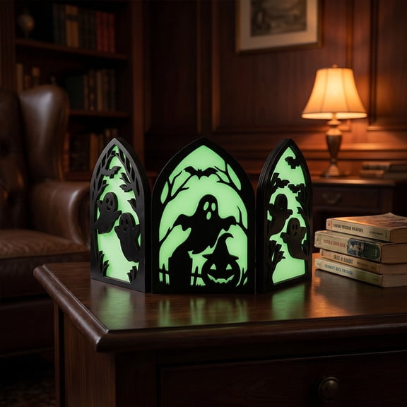 Wooden Halloween Ghost Folding Screen Light, 3 Panel Gothic Arch Silhouette Lamp with Glow Green Backlight, Spooky Pumpkin Bat Tabletop Night Light for Home Shelf Party Decor 6 Inch
