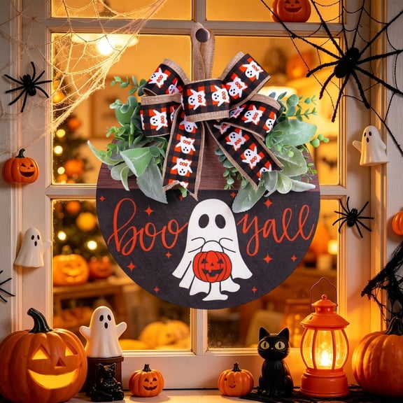 Wooden Halloween Ghost Pumpkin Door Hanger Sign, Rustic Front Porch Wall Decor for Indoor & Outdoor Use, Fall Holiday Ornament