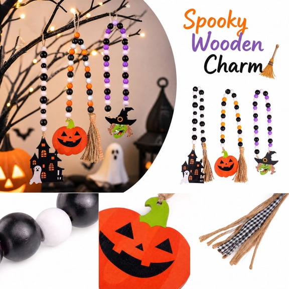 Wooden Halloween Hanging Garland with Pumpkin Tassel and Boho Beads, Cute Gothic Witch Castle Wall Hanging Decor for Fall Porch Party Haunted House Room, Spooky Black and White