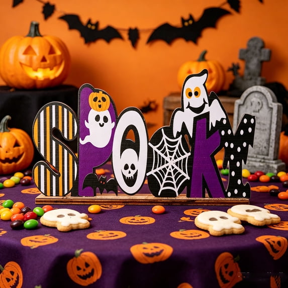 Wooden Halloween Letter Ornaments With Polka Dot Design - Bright Colorful Decor For Shelf, Table, Mantel, And Spooky Season Party Displays