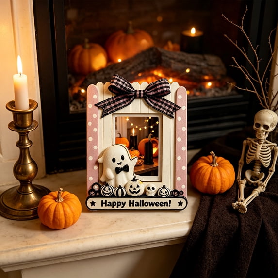 Wooden Halloween Photo Frame Ornament, Ghost Pumpkin Fence Shaped Picture Frame with Adhesive Dots, Small Decor for Halloween Party, Lazyguy