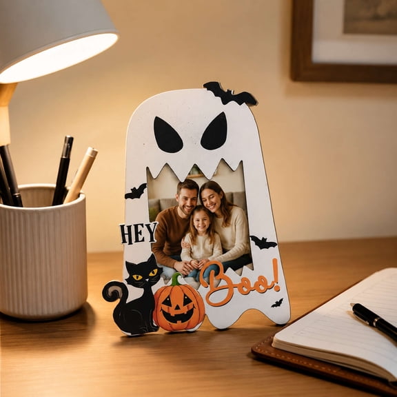 Wooden Halloween Photo Frame, Pumpkin Black Cat Ghost Ornament, Festive Tabletop Display, Rustic Wood Picture Frame, Spooky Holiday Mantelpiece Decor​, C