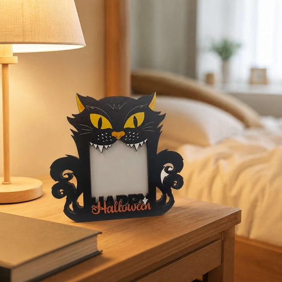 Wooden Halloween Photo Frame, Pumpkin Black Cat Ghost Ornament, Festive Tabletop Display, Rustic Wood Picture Frame, Spooky Holiday Mantelpiece Decor​, E