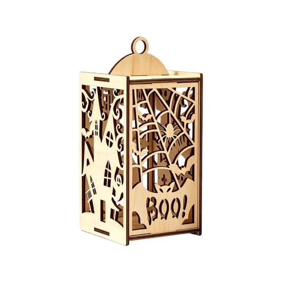 Wooden Halloween Pumpkin Lantern, 3D Square Hollow Cutout Box Ornament with Hanging Loop for Home Living Room Porch Mantel Party Decor