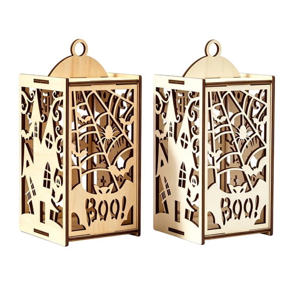 Wooden Halloween Pumpkin Lantern, 3D Square Hollow Cutout Box Ornament with Hanging Loop for Home Living Room Porch Mantel Party Decor