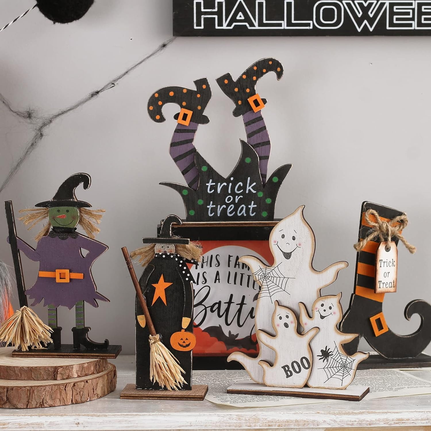 Wooden Halloween Table Top Decorations 6PCS Retro Halloween Decor