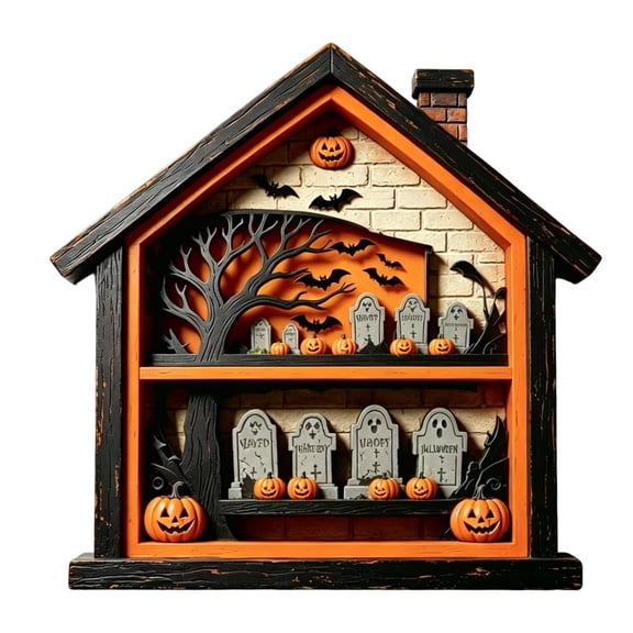 Wooden Halloween Tabletop Decor, Haunted House Pumpkins Bats Tombstone Shadow Box, 1 Piece, Spooky Holiday Decor for Indoor Halloween Party Tabletop Display Home Fireplace Mantel Shelf Decoration