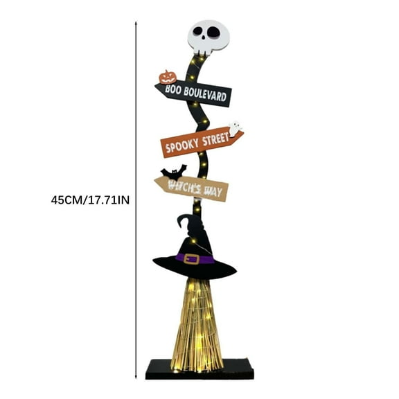 Wooden Halloween Witch Broom Porch Decoration LED Lighted Pumpkin Ghost Ornament Haunting Yard Display Festival Prop(No light)