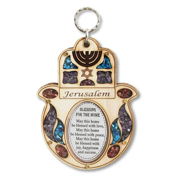 Wooden Hamsa Blessing Home - Good Luck Jerusalem Wall Decor Simulated Gemstones