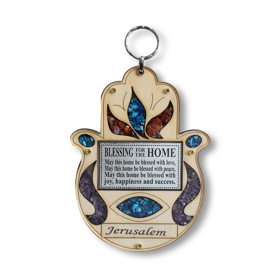 Wooden Hamsa Blessing for Home - Good Luck Jerusalem Wall Decor with Simulated Gemstones