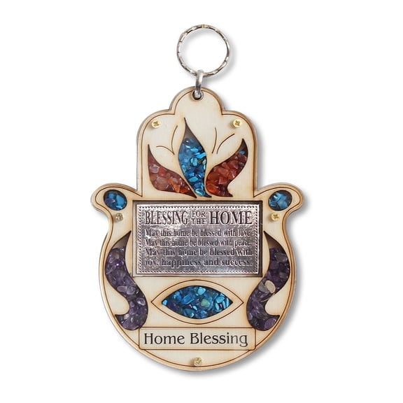 Wooden Hamsa Blessing Decoration, Good Luck Wall Decor with Simulated Gemstones