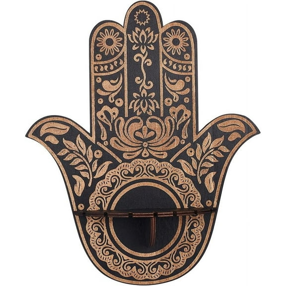 Wooden Hamsa Display Shelf Hamsa Hand Wall Decor Holder Shelves Flowers Wall Mounted Floating Shelf Stand for Stuff Supplies Spiritual Gift Black 9.8 x 11.8Inch Black