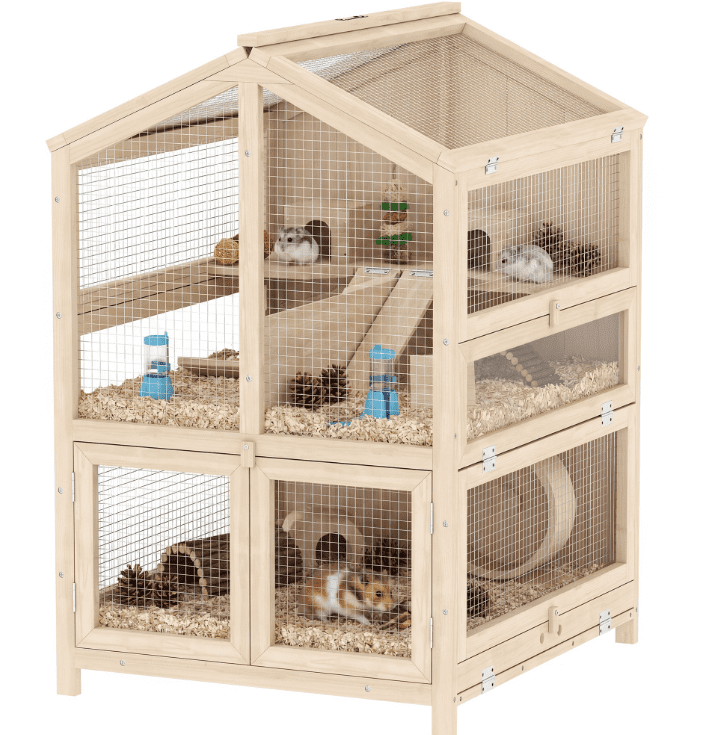 Wooden Hamster Cage, 3 Tier Large Habitat w/Pull-Out Tray, Hut & Seesaw - 26.8"L x 24.2"W x 35.4"H Small Animal Cage