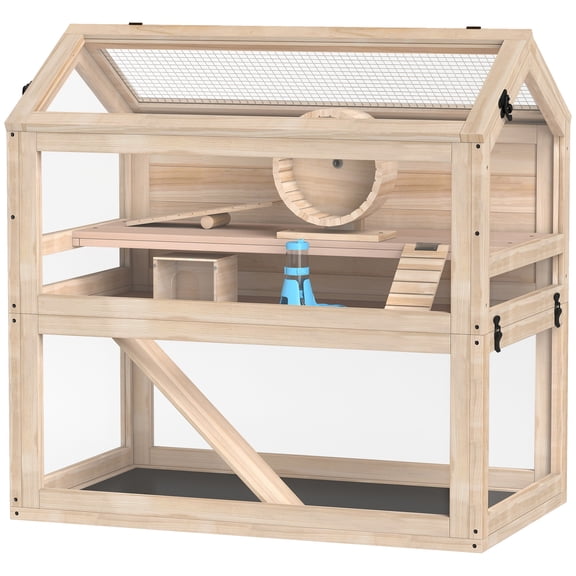 Wooden Hamster Cage 3-Tier, Small Animal Cage with Wheel, Hut & Ramps