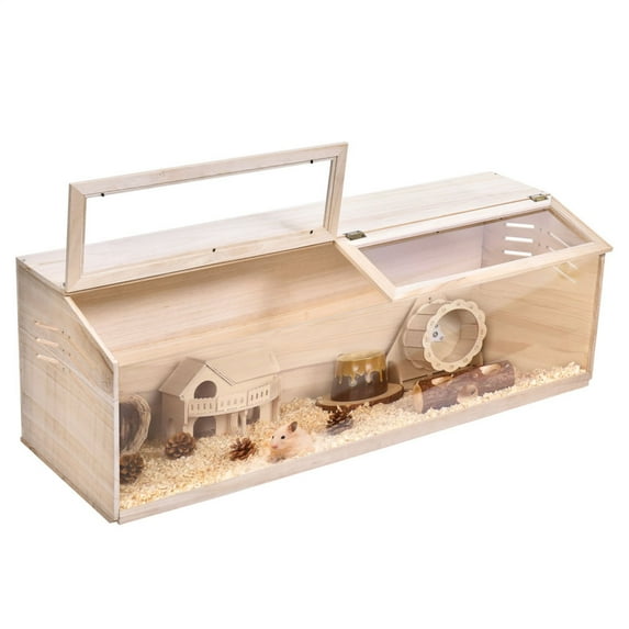 Wooden Hamster Cage 31.5"L×15.7"W×15.7"H, Openable Mesh Top & Clear Acrylic Panels, Lock Design Habitat for Syrian Dwarf Hamsters and Mice