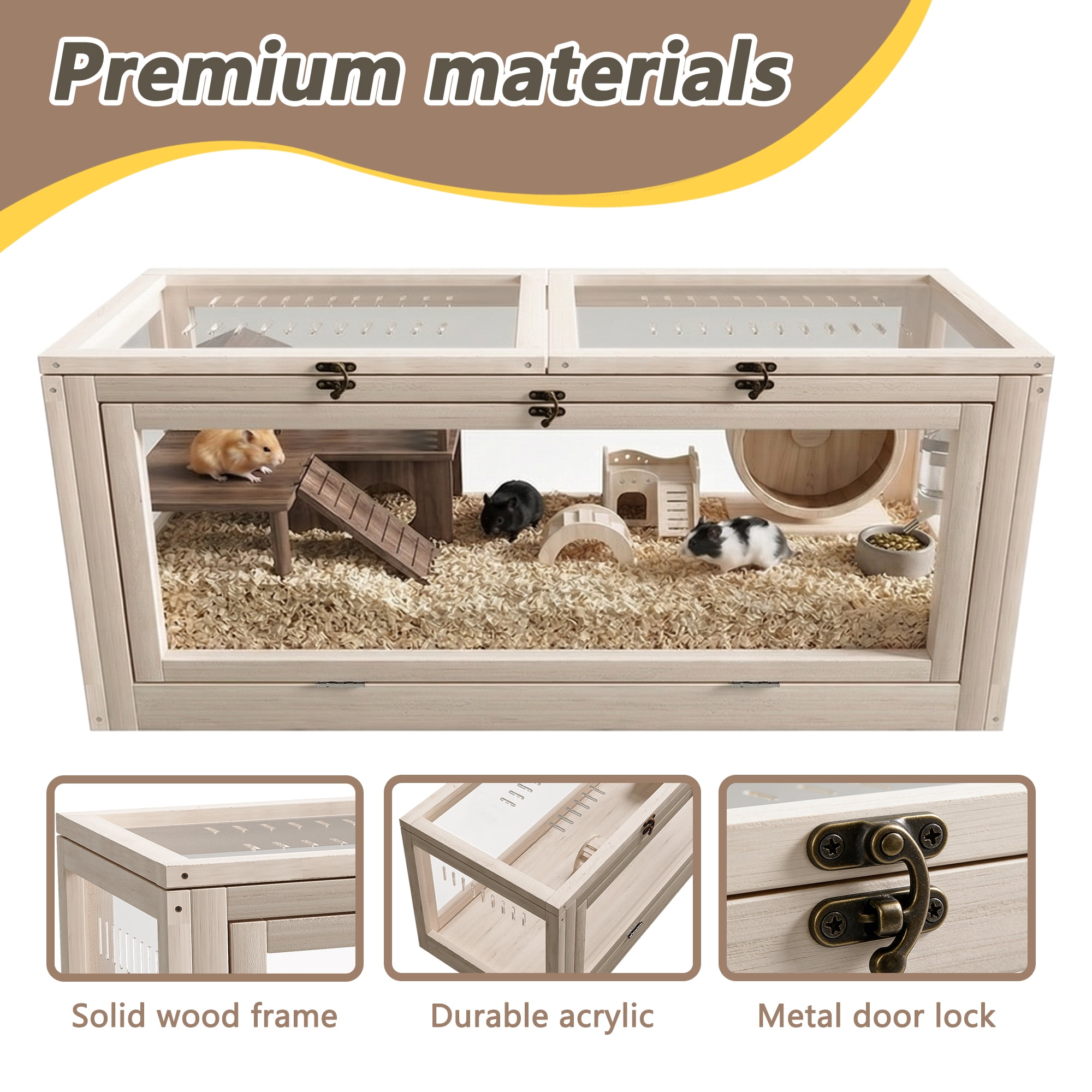 Wooden Hamster Cage, 31.5in Large Guinea Pig House with Stair & Bridge, Chewproof Solid Wood Habitat with Acrylic Ventilation Panels for Guinea Pigs, Chinchillas, Ferrets, Hamsters