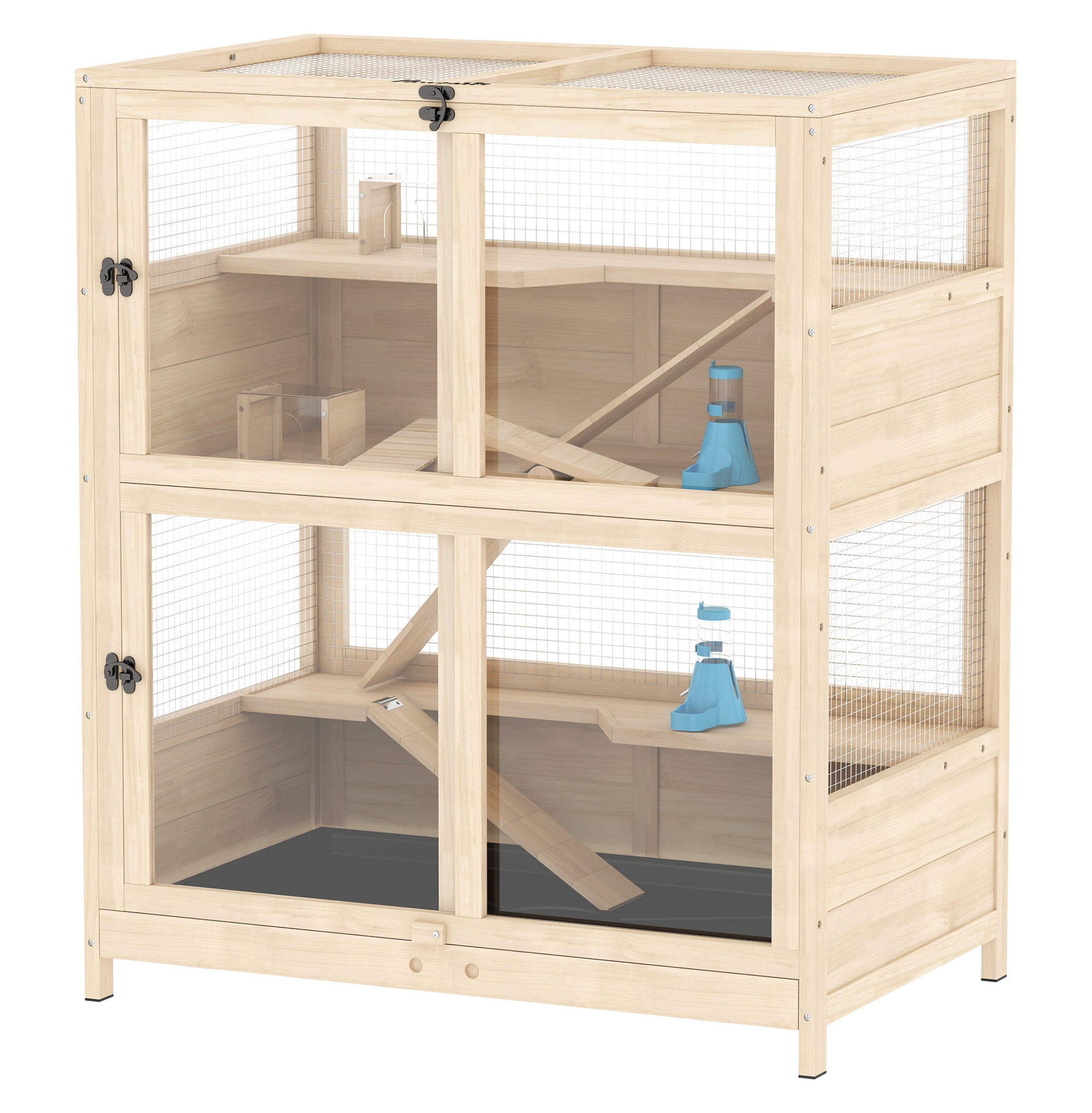 Wooden Hamster Cage 4 Tier, Small Animal Habitat w/Ramps & Hideouts