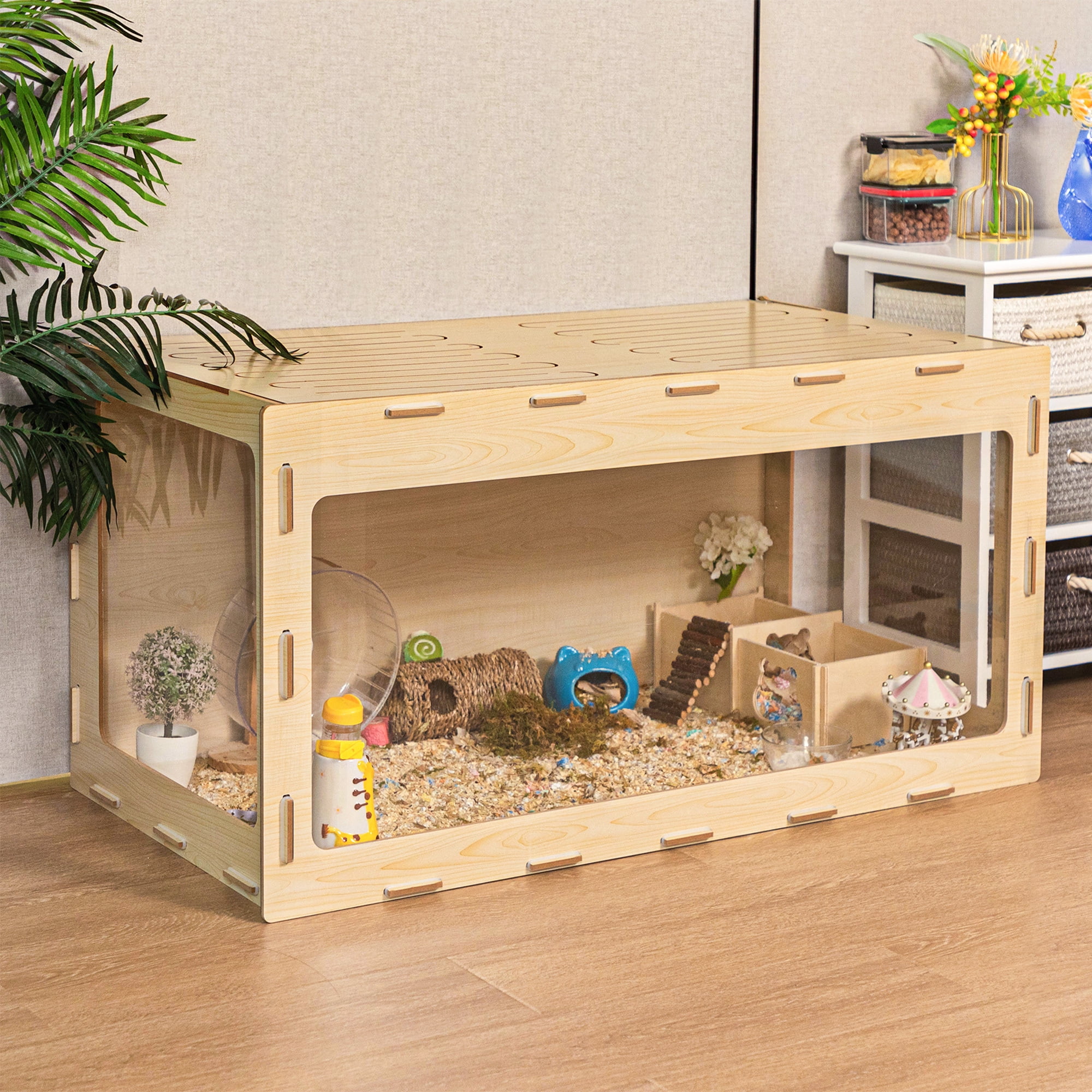 Image showcasing Wooden Hamster Cage Acrylic Hutch for Dwarf Hamster, Guinea Pig ...