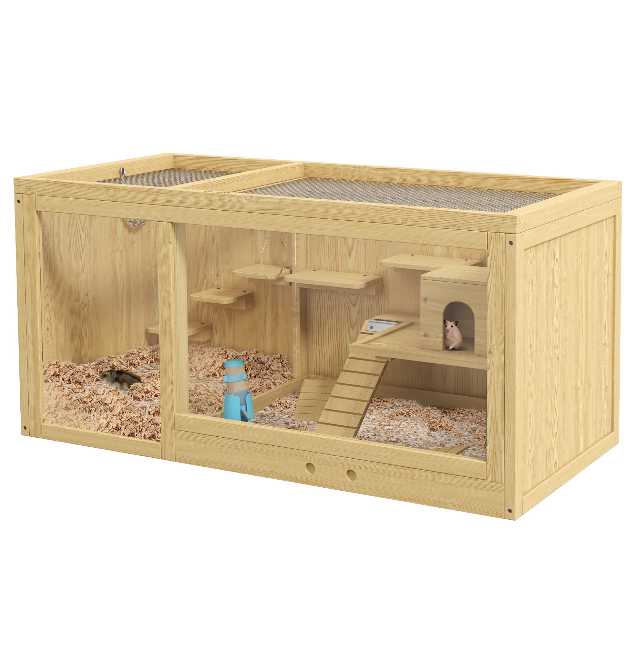 Wooden Hamster Cage, Large Gerbil Habitat, Multi-Level Small Animal Cage w/Tray