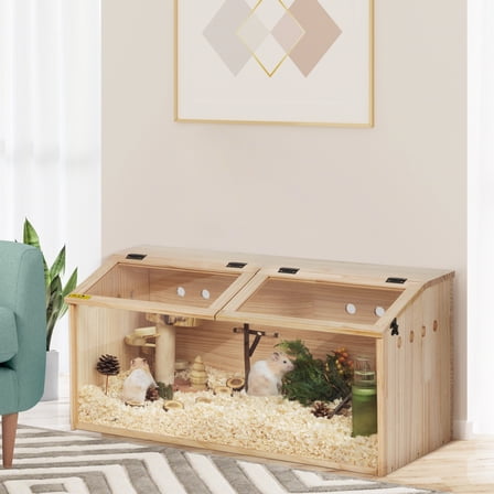 Wooden Hamster Cage, Large Hamster Habitats Enclosure with Acrylic Window & Openable Top, (32" L x 16" W x 16" H) Small Animal Cage for Guinea Pig, Chinchilla, Gerbil