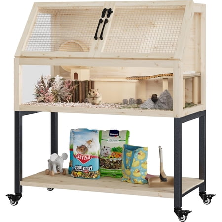 Wooden Hamster Cage with Storage Shelf, Small Animal Cage for Guinea Pig,Rat,Hedgehog,Chinchilla,Large Transparent Gerbil Cage and Habitats with Acrylic Panels,Natural