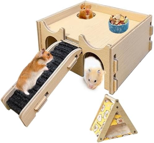 Wooden Hamster Hideout,Multi-Chamber Hamster House with Stair,Small Animal Explore Hide Hut Habitats Decor Accessories for Rat,Gerbil, Dwarf Hamsters, Mice