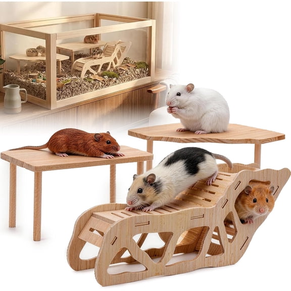 Wooden Hamster Platform Set, 3 Pcs Natural Wood Cage Accessories with Table, Corner Shelf & Tunnel for Dwarf Syrian Hamsters Gerbils Mice Small Pets
