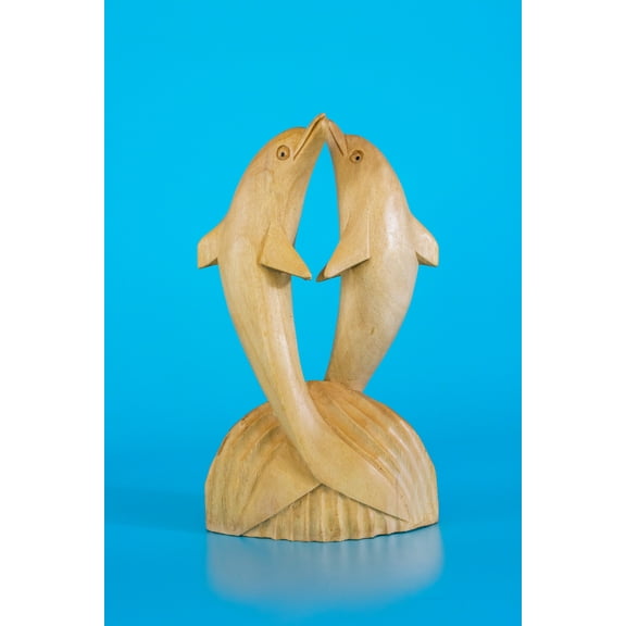Wooden Hand Carved 2 Jumping Dolphin Statue Sculpture Wood Home Decor Accent Figurine Handcrafted Handmade Seaside Tropical Nautical Ocean Coastal