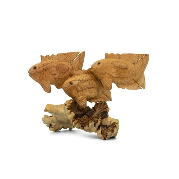 Wooden Hand Carved 3 Fish Swimming Statue Figurine Sculpture Art Decorative Rustic Home Decor Accent Handmade Gift Handcrafted Seaside Tropical Nautical Ocean Coastal Decoration