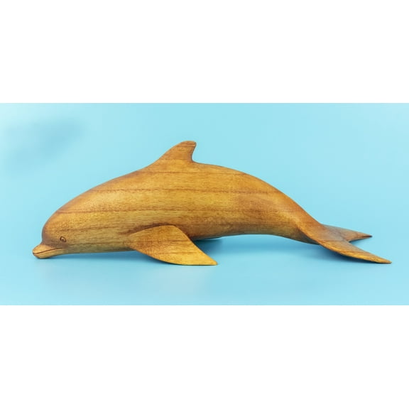 Wooden Hand Carved Dolphin Statue Sculpture Wood Home Decor Accent Figurine Handcrafted Handmade Seaside Tropical Nautical Ocean Coastal Swimming Diving Dolphin Size: 8" long x 3" deep x 3" tall