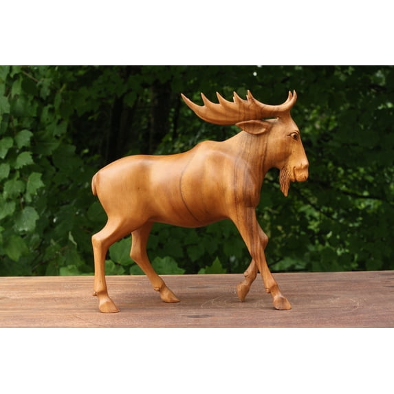 Wooden Hand Carved Moose Statue Figurine Sculpture Art Elk Decorative Home Decor Accent Rustic Lodge Handmade Handcrafted Decoration Size: 8" tall x 7" long x 2" deep
