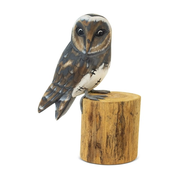 Wooden Hand Carved Owl Standing on Log Statue Bird Figurine Sculpture Art Decorative Home Decor Accent Gift Handcrafted Decoration Handmade
