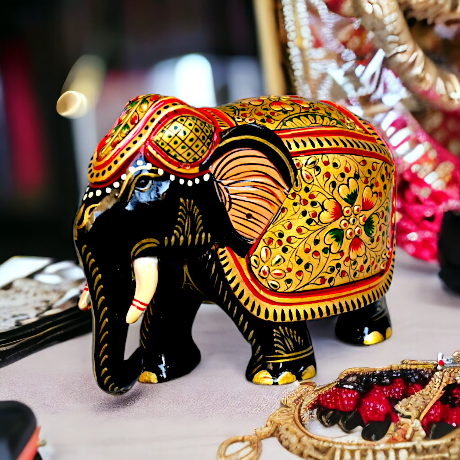 Wooden Hand Carved Painted Indian Elephant Statue Figurine Sculpture ...
