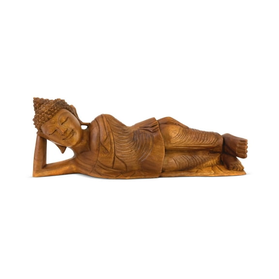Wooden Hand Carved Serene Reclining Buddha Statue Sculpture Handmade Figurine Decorative Home Decor Accent Handcrafted Traditional Modern Decoration Lying Buddha Size: 20" long x 7" tall x 5" deep