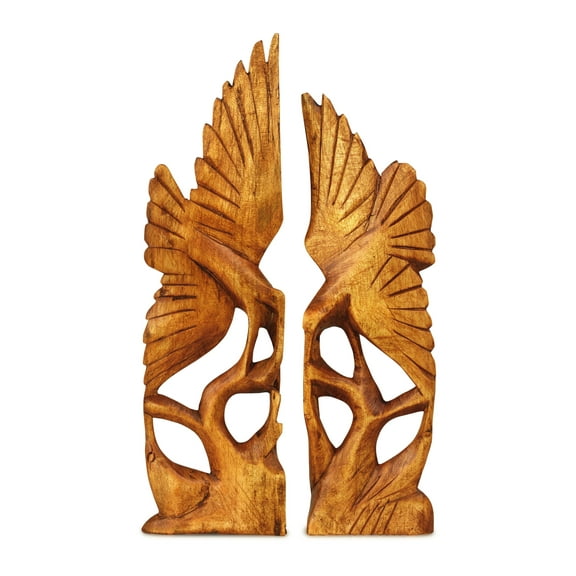 Wooden Hand Carved Set of Two Heron Bird Statue Figurine Sculpture Art Decorative Rustic Home Decor Accent Gift Handcrafted Decoration Handmade