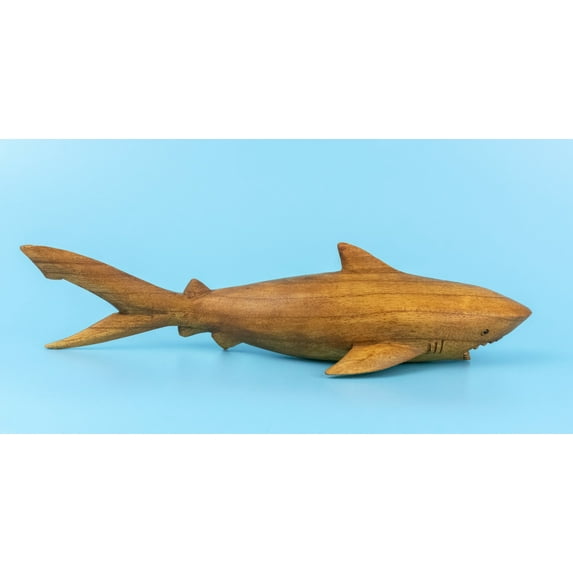 Wooden Hand Carved Shark Statue Sculpture Wood Home Decor Accent Figurine Handcrafted Handmade Seaside Fish Tropical Nautical Ocean Coastal Decoration Size: 12" long x 4" deep x 2.7" tall