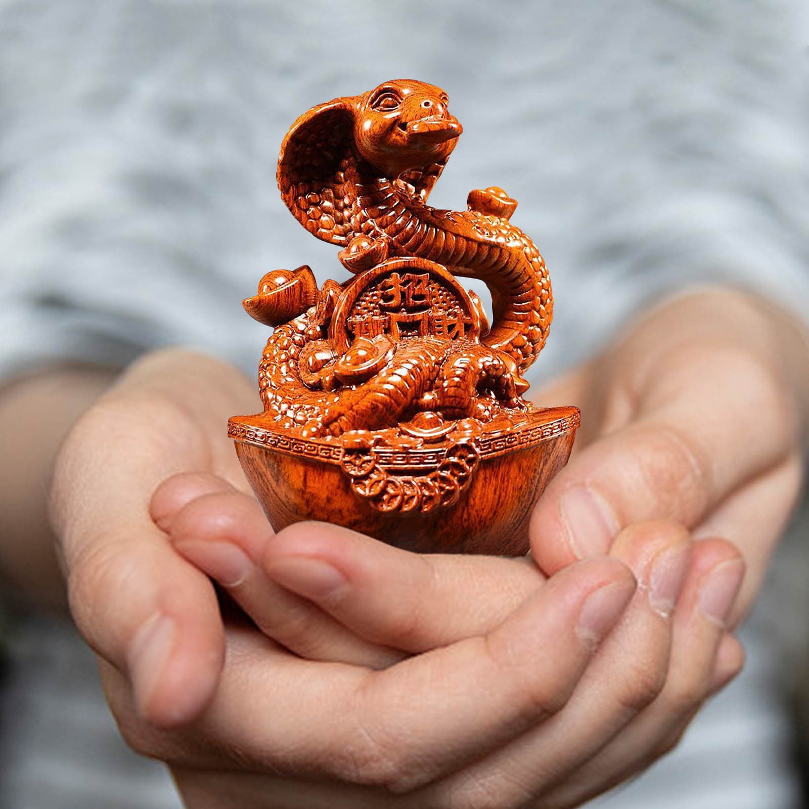 Wooden Hand Carved Snake Figurine Chinese Zodiac Snake Statue, Snake