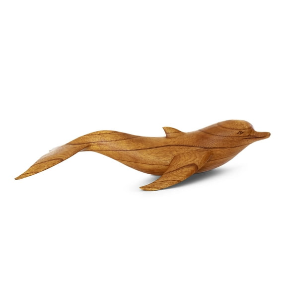 Wooden Hand Carved Swimming Dolphin Statue Sculpture Wood Decorative Home Decor Figurine Handcrafted Handmade Seaside Tropical Nautical Ocean Coastal Size: 16" long x 6" deep x 4" tall