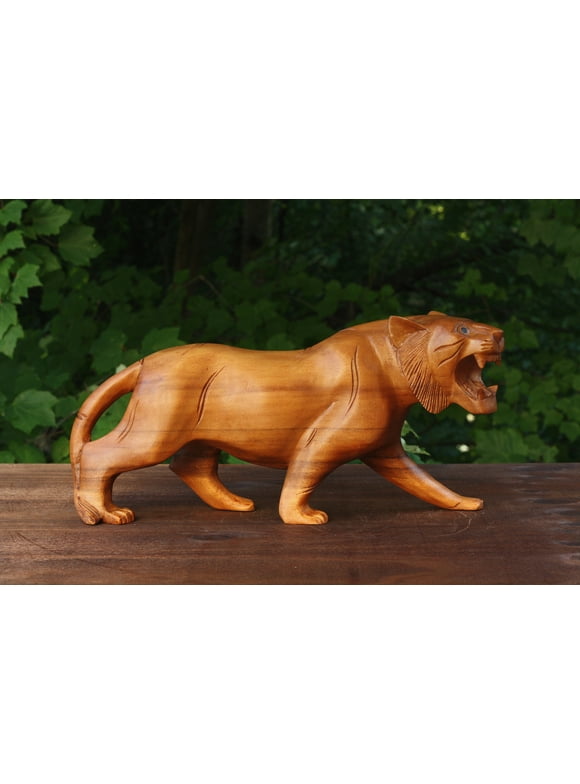 Wooden Hand Carved Tiger Statue Figurine Sculpture Art Decorative Home Decor Accent Rustic Lodge Handmade Handcrafted Decoration Size: 12" Long x 6" Tall x 3" Deep