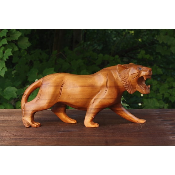 Wooden Hand Carved Tiger Statue Figurine Sculpture Art Decorative Home Decor Accent Rustic Lodge Handmade Handcrafted Decoration Size: 15" Long x 7" Tall x 4.5" Deep