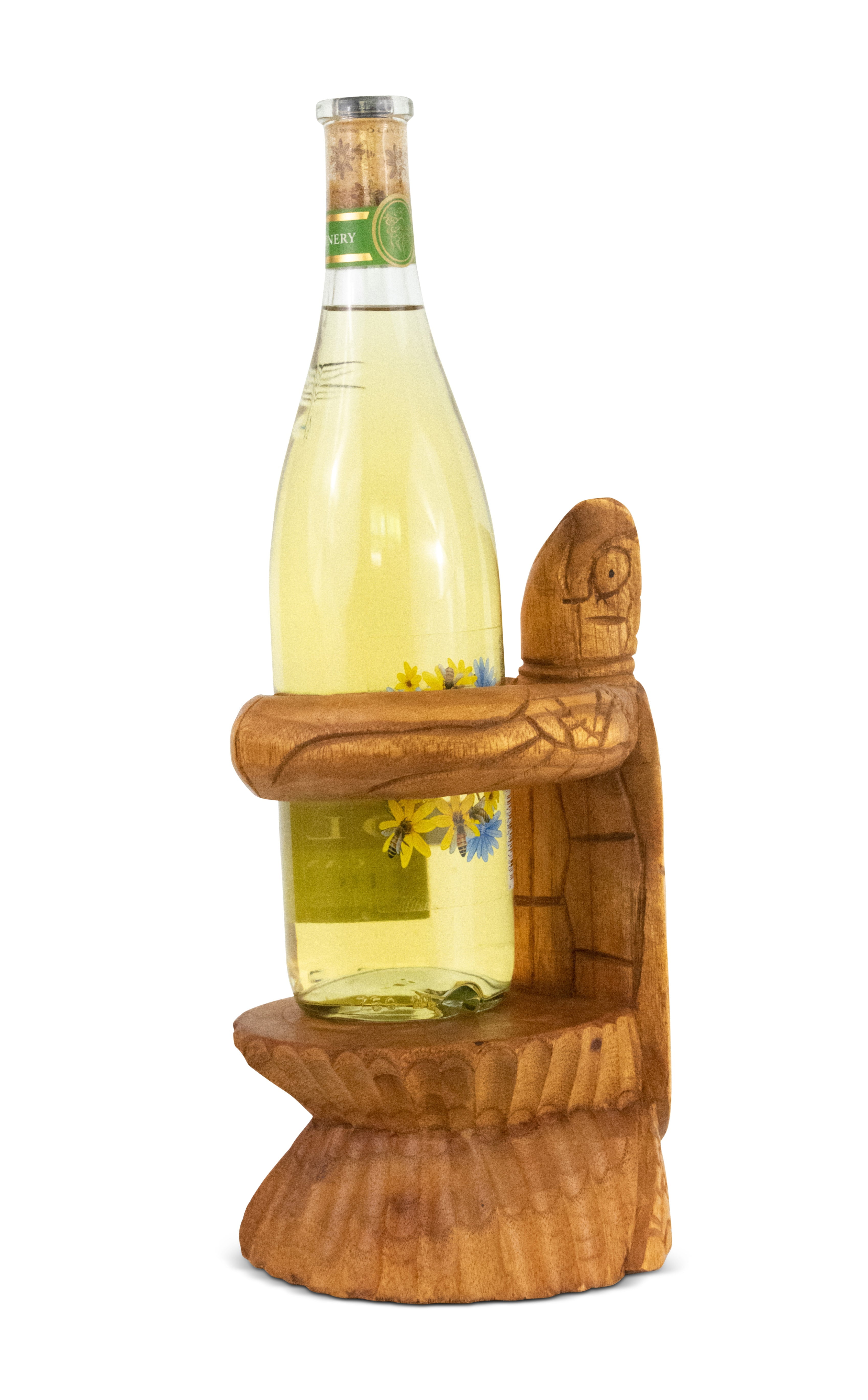 Hand Carved Suar Wood Turtle Wine Bottle Holder