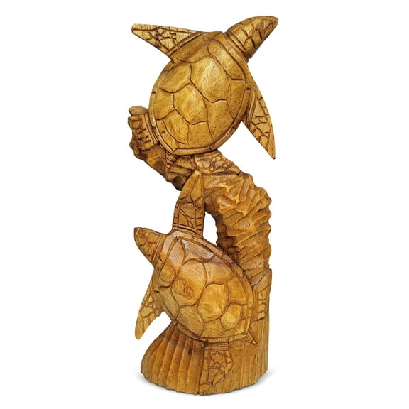 Wooden Hand Carved Two Tortoise Turtle on Coral Statue Sculpture Wood Home Decor Figurine Handcrafted Handmade Tropical Nautical Ocean Coastal Turtle On Coral Size: 12" tall x 5" wide x 2" deep
