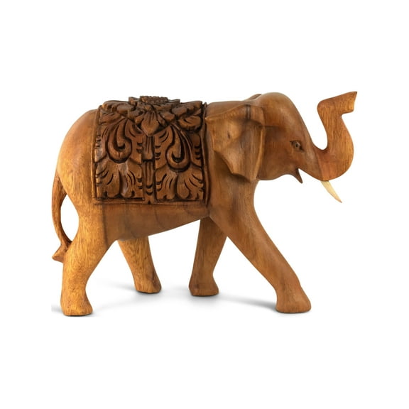 Wooden Hand Carved Walking Elephant Statue Figurine Sculpture Art Decorative Rustic Home Decor Accent Handmade Handcrafted Decoration Wood Size: 9" long x 6" tall x 4" deep