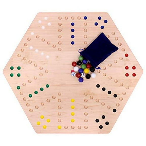 Wooden Hand-Painted Aggravation Board Game - Maple Wood - Large 24" Wide Board - with XLarge 22mm Marbles and Dice