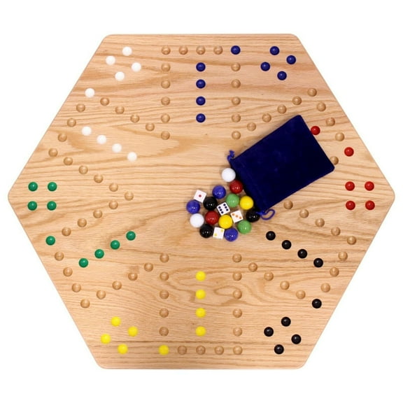 Wooden Hand-Painted Aggravation Board Game - Oak Wood - Large 24" Wide Board - with XLarge 22mm Marbles and Dice